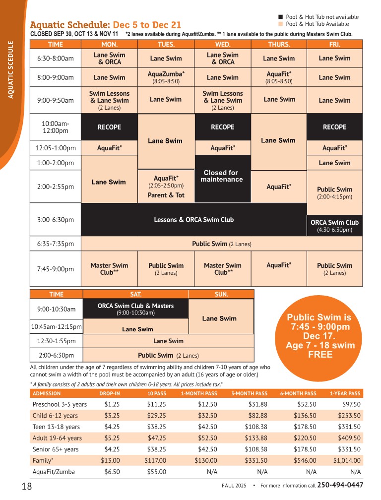 Dec 5 - 21 Aquatic Schedule