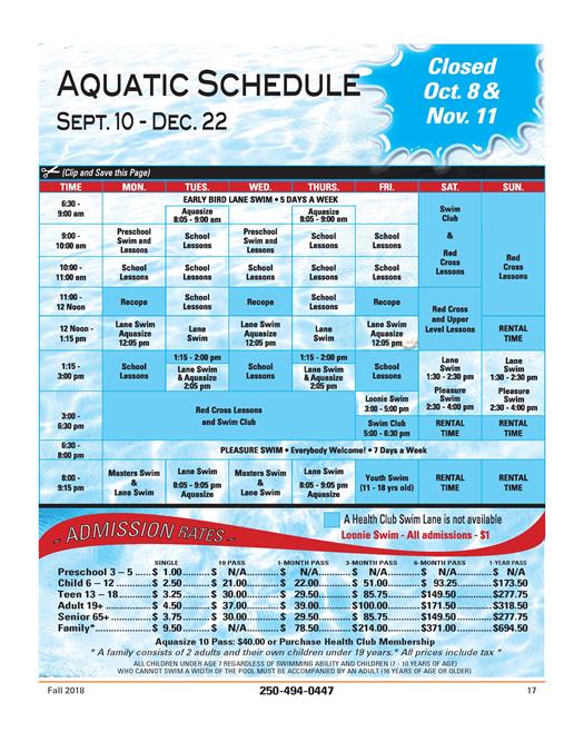 Aquatic Schedule Fall 2018 Aquatic Schedule Fall 2018