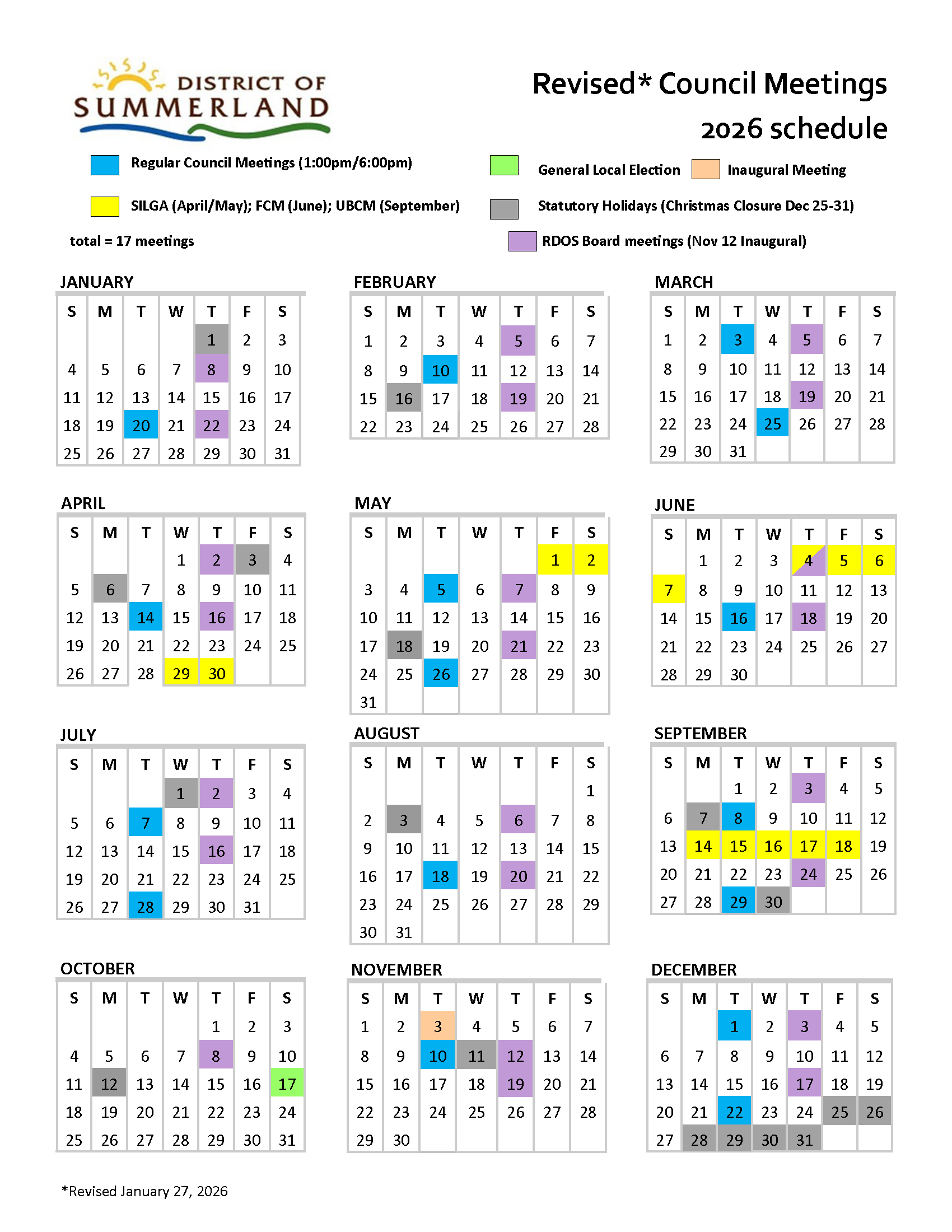 Revised 2026 Council Meeting Schedule with RDOS mtgs