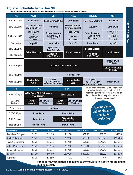 Aquatic Schedule Jan 4-Jan 30 Aquatic Schedule Jan 4-Jan 30
