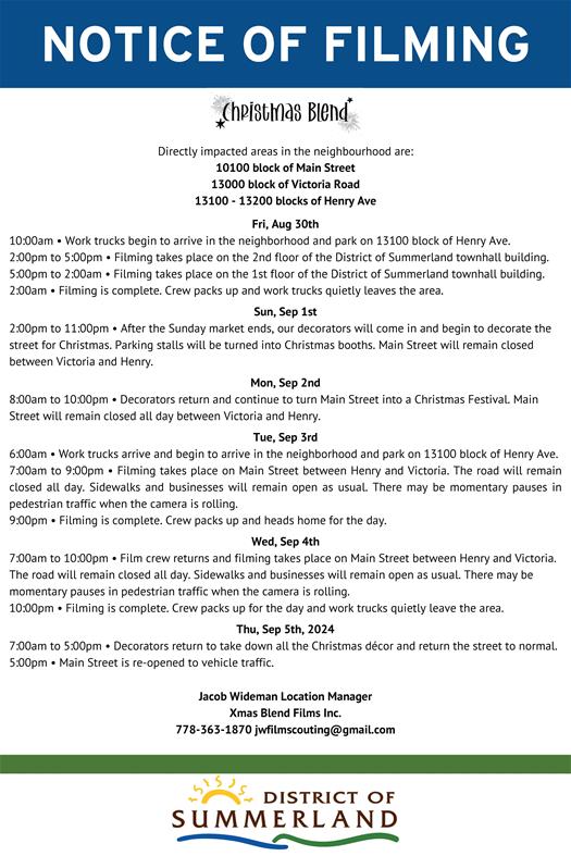 A schedule of filming for Christmas Blend